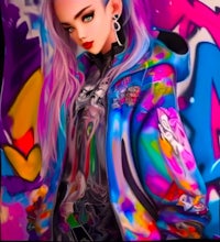 a girl in a colorful hoodie standing in front of graffiti