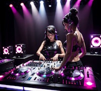 two women djing in a dark room